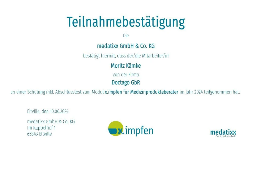 Teilnahmebestätigung für die Schulung von medatixx zu x.impfen für Medizinprodukteberater - Moritz Kämke
