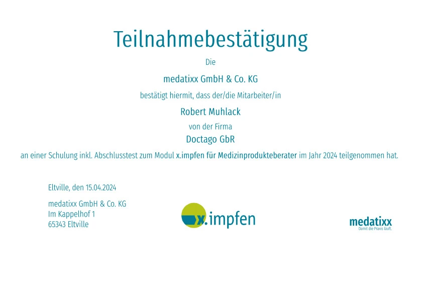 Teilnahmebestätigung für die Schulung von medatixx zu x.impfen für Medizinprodukteberater - Robert Muhlack