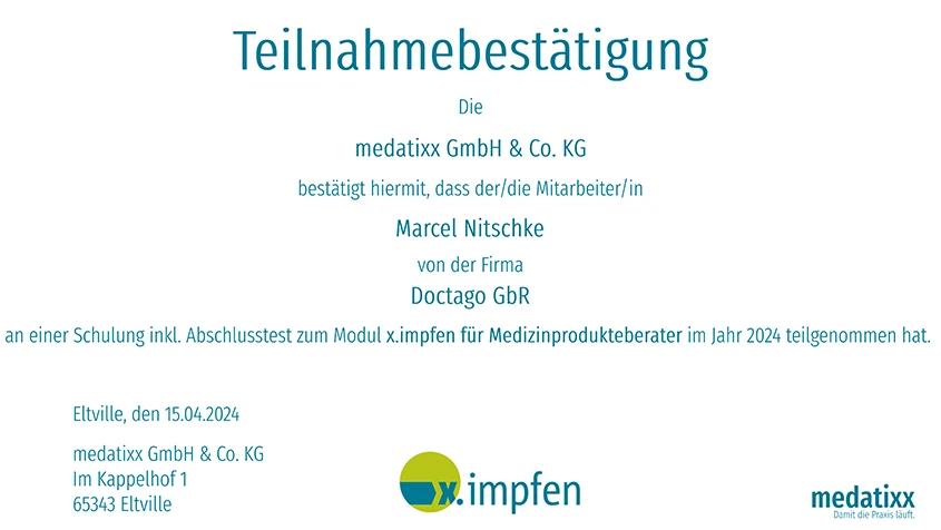 Teilnahmebestätigung für die Schulung von medatixx zu x.impfen für Medizinprodukteberater - Marcel Nitschke