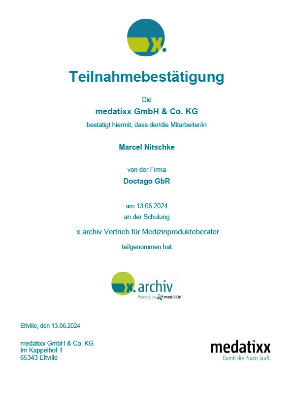 Teilnahmebestätigung für die Schulung von medatixx zu x.archiv Vertrieb für Medizinprodukteberater - Marcel Nitschke