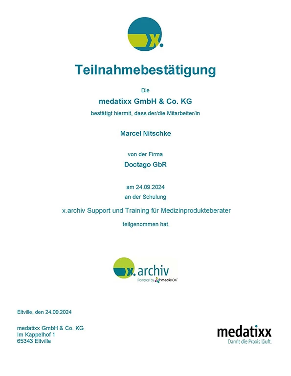 Teilnahmebestätigung für x.archiv Support und Training für Medizinprodukteberater - Marcel Nitschke