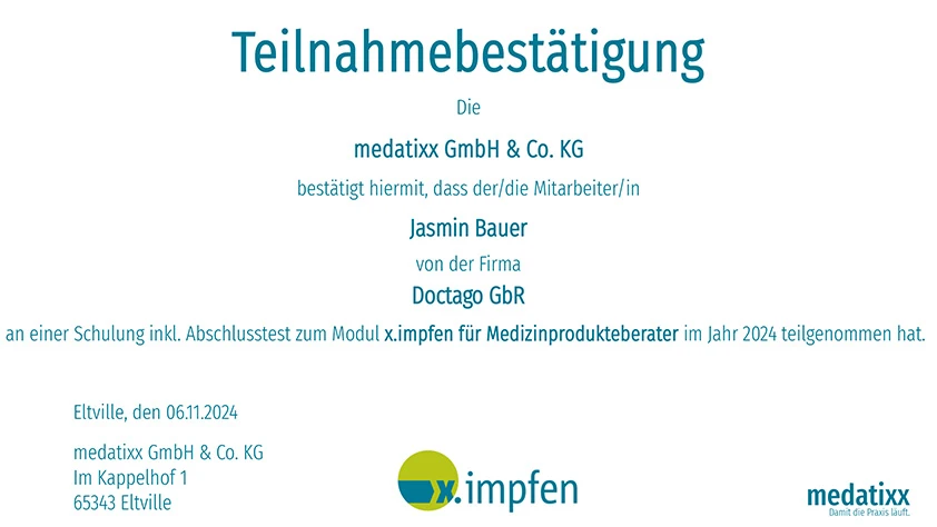 Teilnahmebestätigung für die Schulung von medatixx zu x.impfen für Medizinprodukteberaterin - Jasmin Bauer