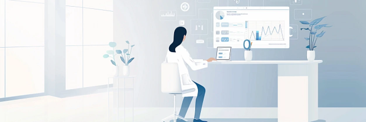 Digitale Arztpraxis mit KI-gestützter Praxissoftware – Ärztin am Schreibtisch analysiert Patientendaten auf einem modernen Bildschirm. Praxisoptimierung mit medatixx und Doctago.