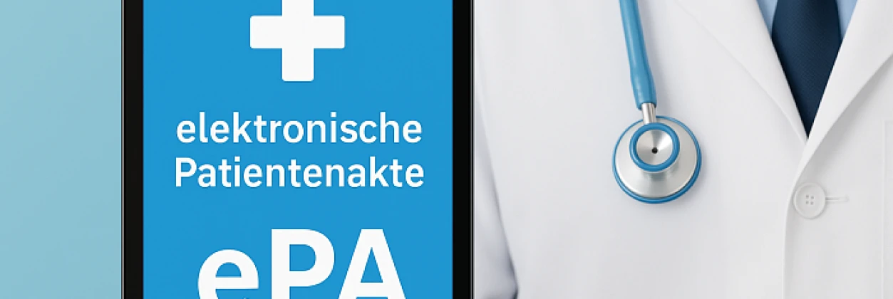 Arzt mit Tablet zeigt Benutzeroberfläche der elektronischen Patientenakte (ePA) – Symbolbild zur ePA-Integration in der Praxissoftware medatixx, unterstützt durch Doctago.