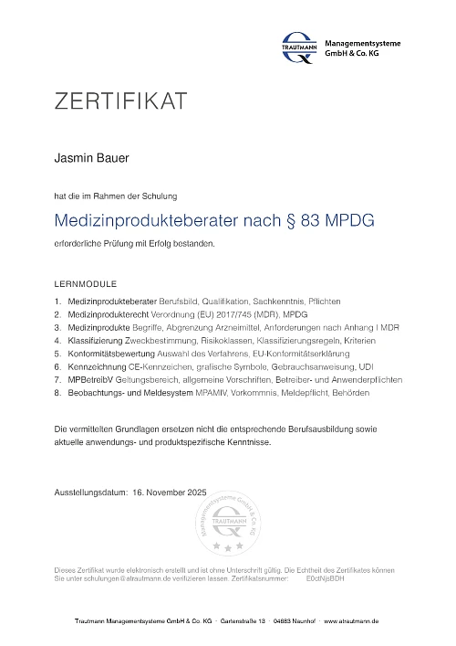 Zertifikat für Zertifizierung: Medizinprodukteberater nach §83 MPDG - Jasmin Bauer
