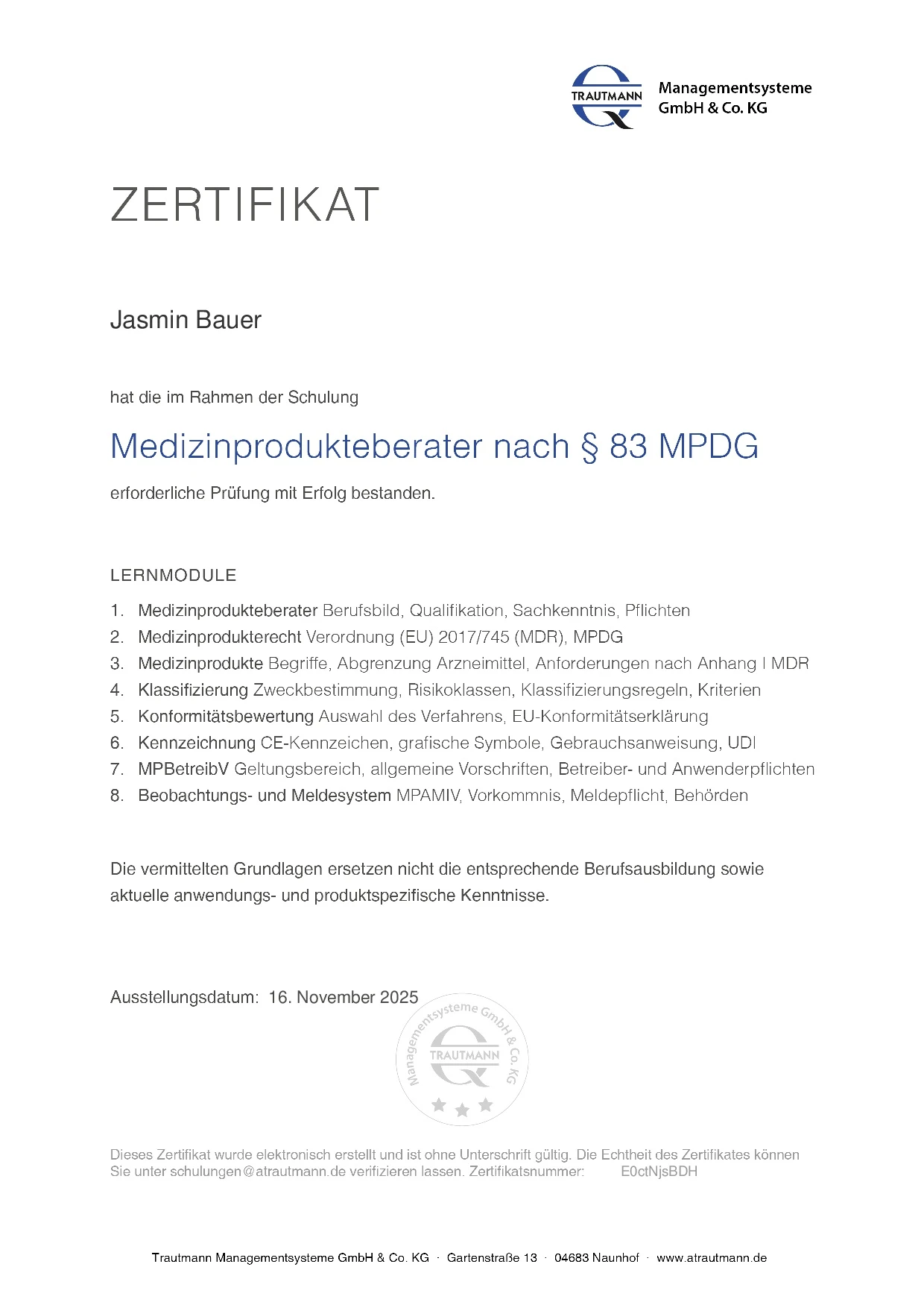 Zertifikat für Zertifizierung: Medizinprodukteberater nach §83 MPDG - Jasmin Bauer