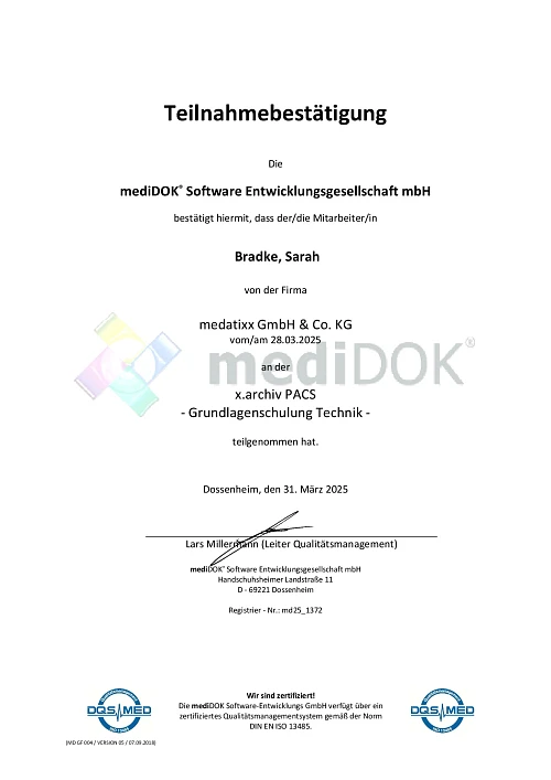 Teilnahmebestätigung für die Schulung von mediDOK für x.archiv PACS Grundschulung Technik - Sarah Bradke
