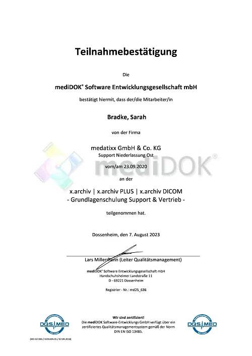Teilnahmebestätigung für die Schulung von mediDOK für x.archiv DICOM Grundschulung Support & Vertrieb - Sarah Bradke