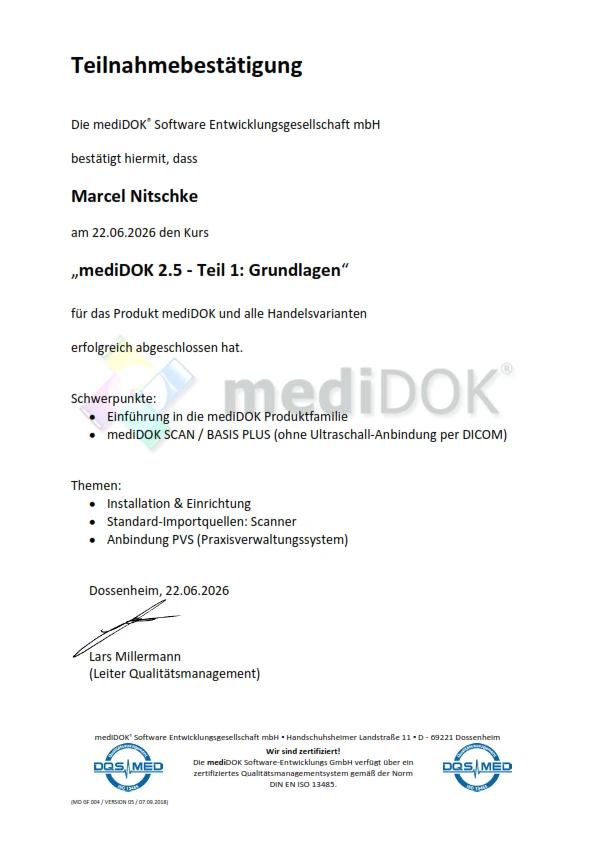 Teilnahmebestätigung für die Schulung zu mediDOK 2.5 Grundlagen - Marcel Nitschke