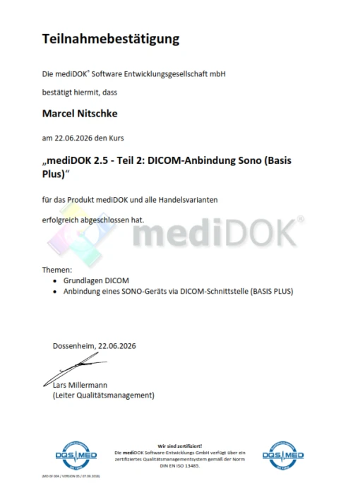 Teilnahmebestätigung für die Schulung zu mediDOK 2.5 DICOM-Anbindung - Marcel Nitschke