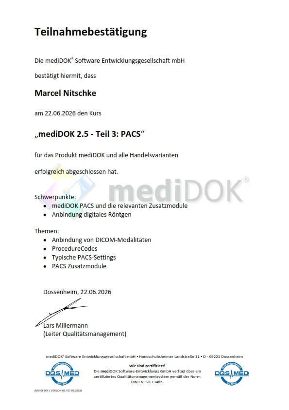Teilnahmebestätigung für die Schulung zu mediDOK 2.5 PACS - Marcel Nitschke