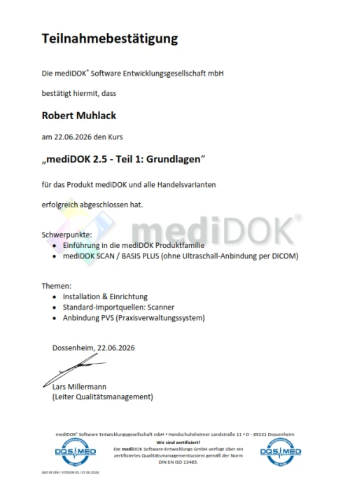 Teilnahmebestätigung für die Schulung zu mediDOK 2.5 Grundlagen - Robert Muhlack