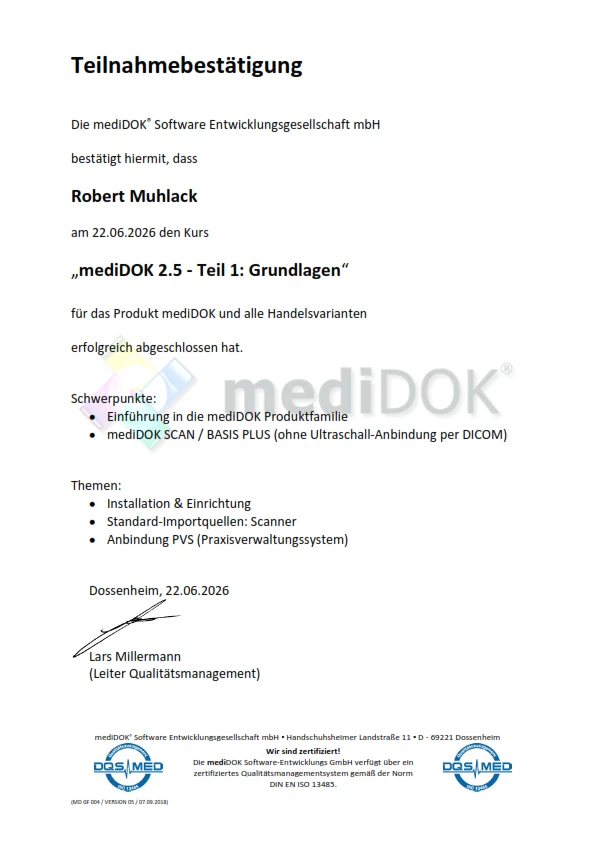 Teilnahmebestätigung für die Schulung zu mediDOK 2.5 Grundlagen - Robert Muhlack