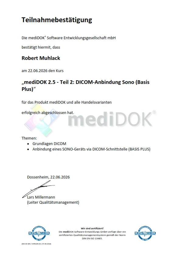 Teilnahmebestätigung für die Schulung zu mediDOK 2.5 DICOM-Anbindung - Robert Muhlack