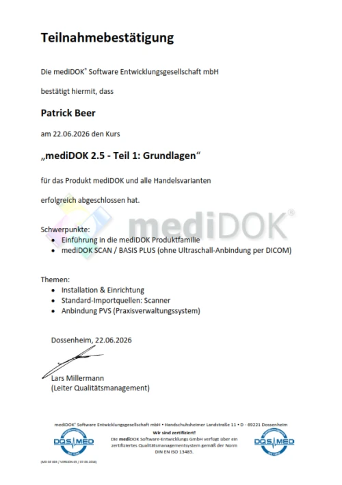 Teilnahmebestätigung für die Schulung zu mediDOK 2.5 Grundlagen - Patrick Beer