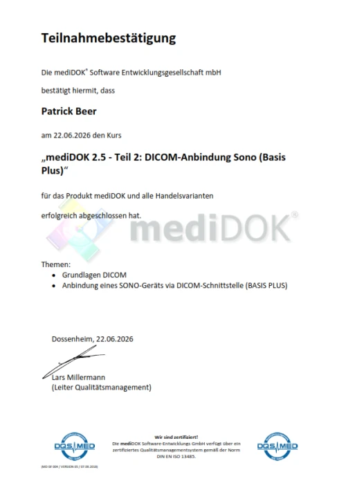 Teilnahmebestätigung für die Schulung zu mediDOK 2.5 DICOM-Anbindung - Patrick Beer