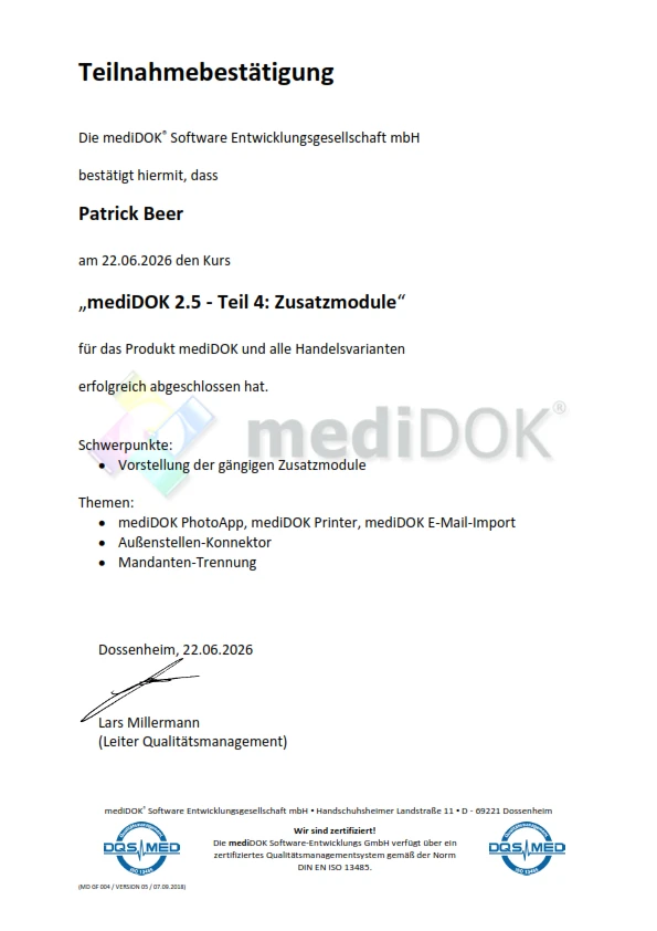 Teilnahmebestätigung für die Schulung zu mediDOK 2.5 Zusatzmodule - Patrick Beer