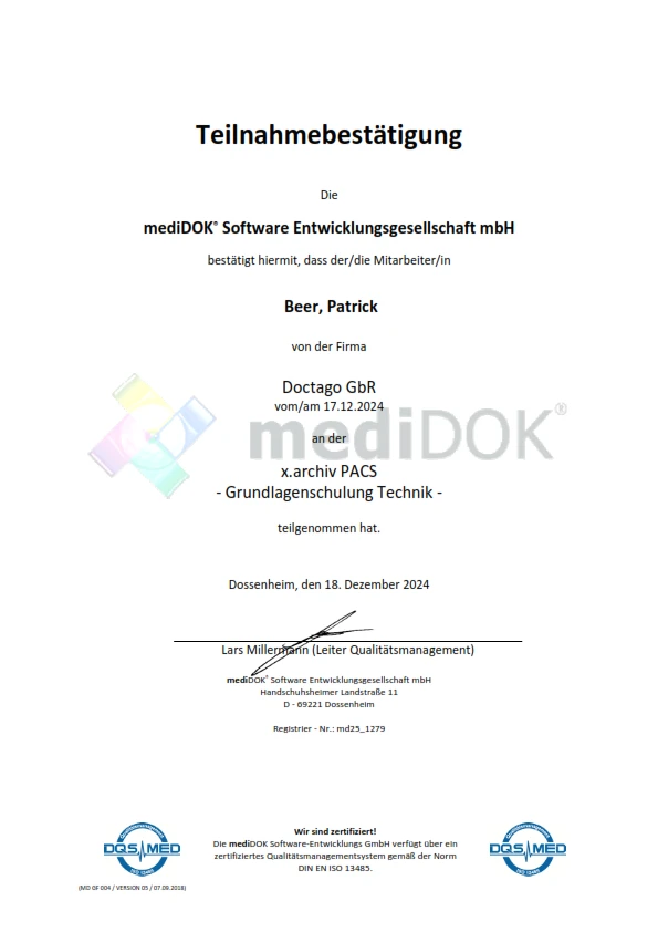 Teilnahmebestätigung für die Schulung zu x.archiv PACS - Patrick Beer