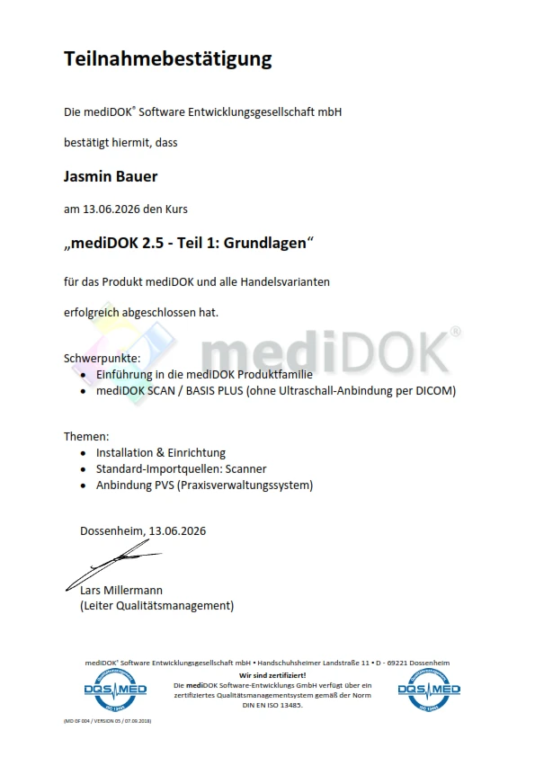 Teilnahmebestätigung für die Schulung zu mediDOK 2.5 Grundlagen - Jasmin Bauer