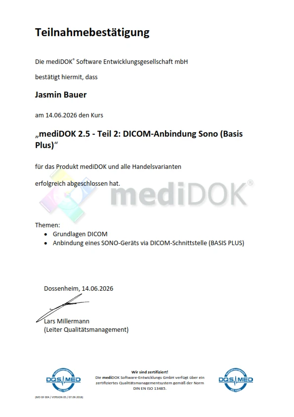 Teilnahmebestätigung für die Schulung zu mediDOK 2.5 DICOM-Anbindung - Jasmin Bauer