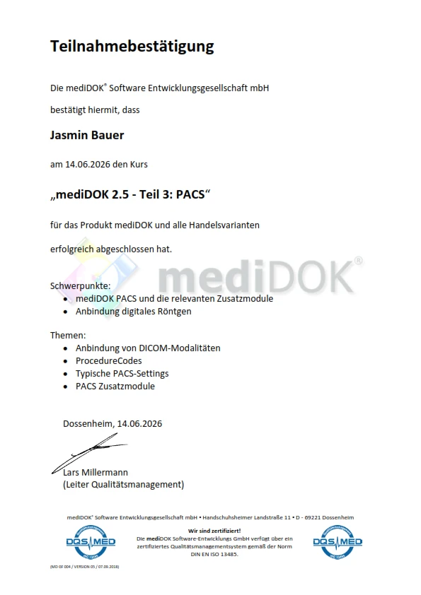 Teilnahmebestätigung für die Schulung zu mediDOK 2.5 PACS - Jasmin Bauer