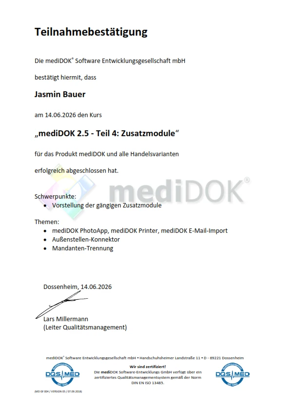 Teilnahmebestätigung für die Schulung zu mediDOK 2.5 Zusatzmodule - Jasmin Bauer