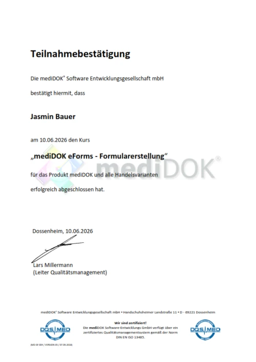 Teilnahmebestätigung für die Schulung zu mediDOK eForms Formularerstellung - Sarah Bradke