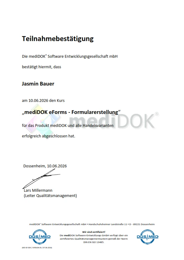 Teilnahmebestätigung für die Schulung zu mediDOK eForms Formularerstellung - Sarah Bradke