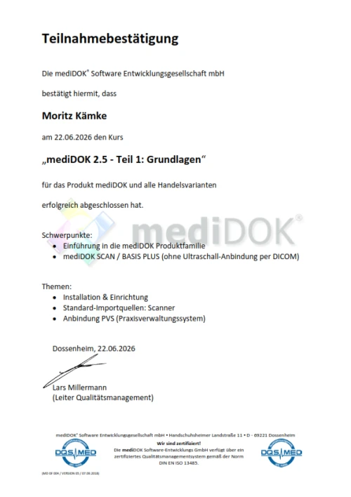 Teilnahmebestätigung für die Schulung zu mediDOK 2.5 Grundlagen - Moritz Kämke