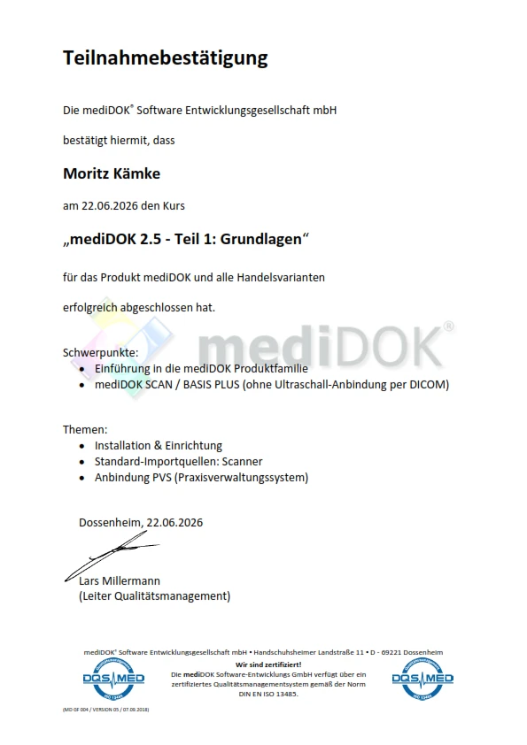 Teilnahmebestätigung für die Schulung zu mediDOK 2.5 Grundlagen - Moritz Kämke