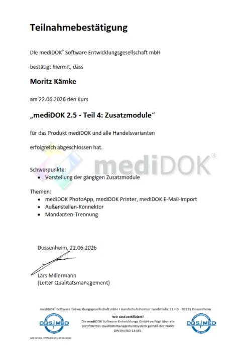 Teilnahmebestätigung für die Schulung zu mediDOK 2.5 Zusatzmodule - Moritz Kämke
