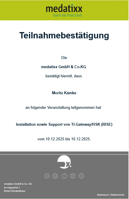 Teilnahmebestätigung: Installation und Support von TI-Gateway/HSK (RISE) - Moritz Kämke