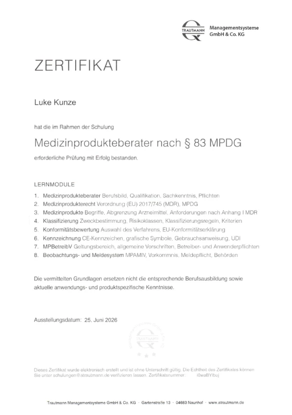 Zertifizierung: Medizinprodukteberater nach §83 MPDG - Luke Kunze