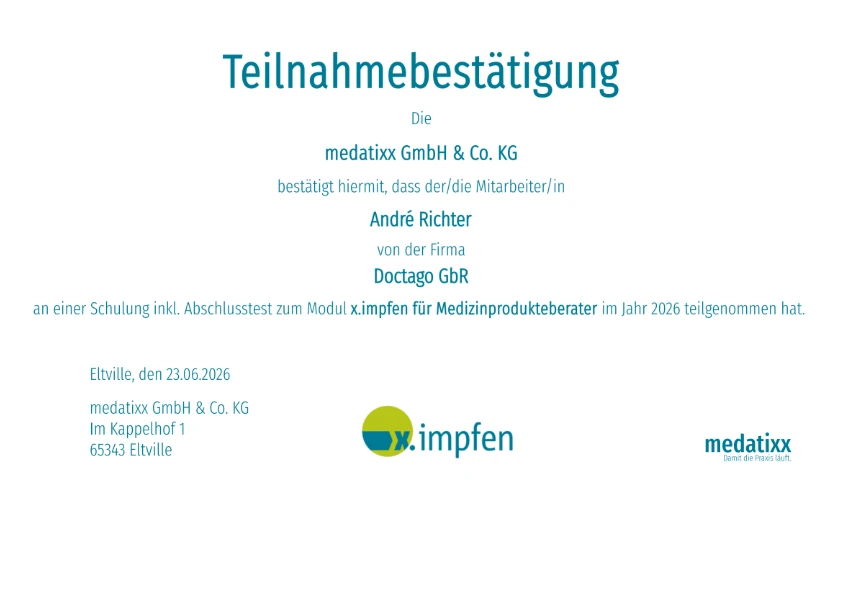 Teilnahmebestätigung: x.impfen für Medizinprodukteberater - André Richter