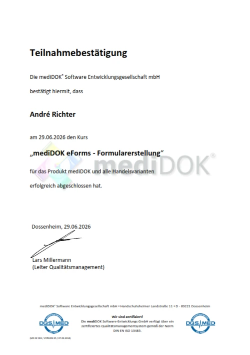 Teilnahmebestätigung: mediDOK eForms Formularerstellung - André Richter