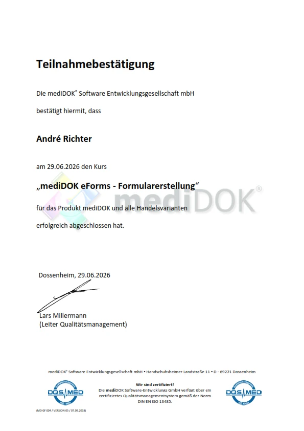Teilnahmebestätigung: mediDOK eForms Formularerstellung - André Richter