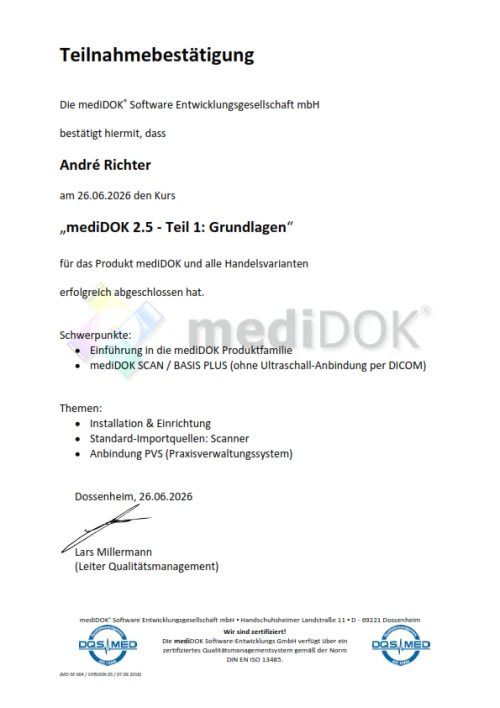 Teilnahmebestätigung: mediDOK 2.5 Grundlagen - André Richter