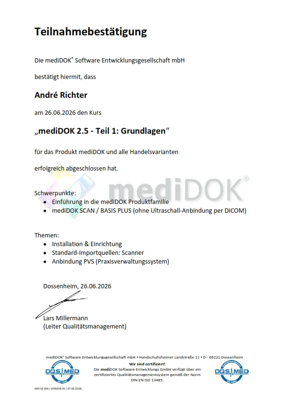 Teilnahmebestätigung: mediDOK 2.5 Grundlagen - André Richter