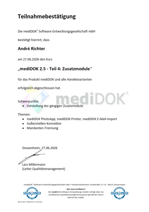 Teilnahmebestätigung: mediDOK 2.5 Zusatzmodule - André Richter