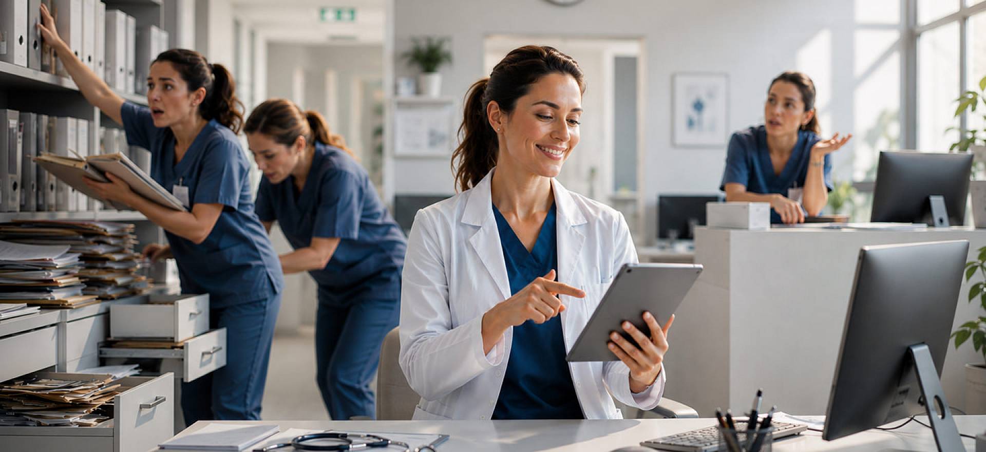 Junge Ärztin findet auf einem Tablet mit medatixx x.archiv die Patientenakte, während die Kolleginnen noch in Ordnern danach suchen.
