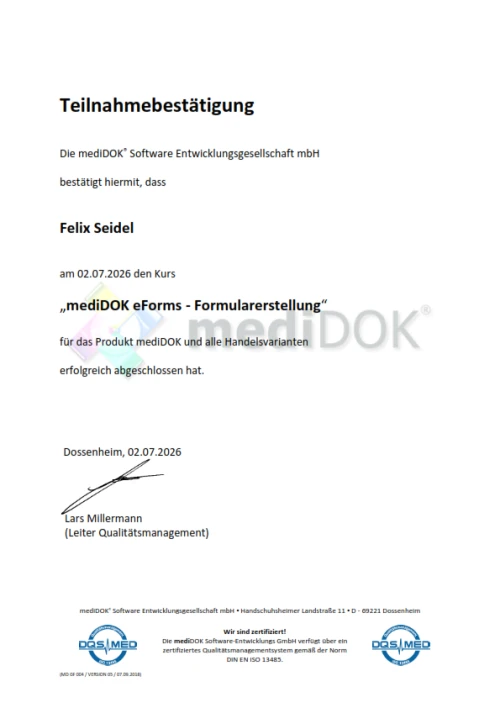 Teilnahmebestätigung: mediDOK eForms Formularerstellung - Felix Seidel