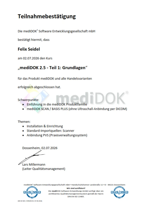 Teilnahmebestätigung: mediDOK 2.5 Grundlagen - Felix Seidel