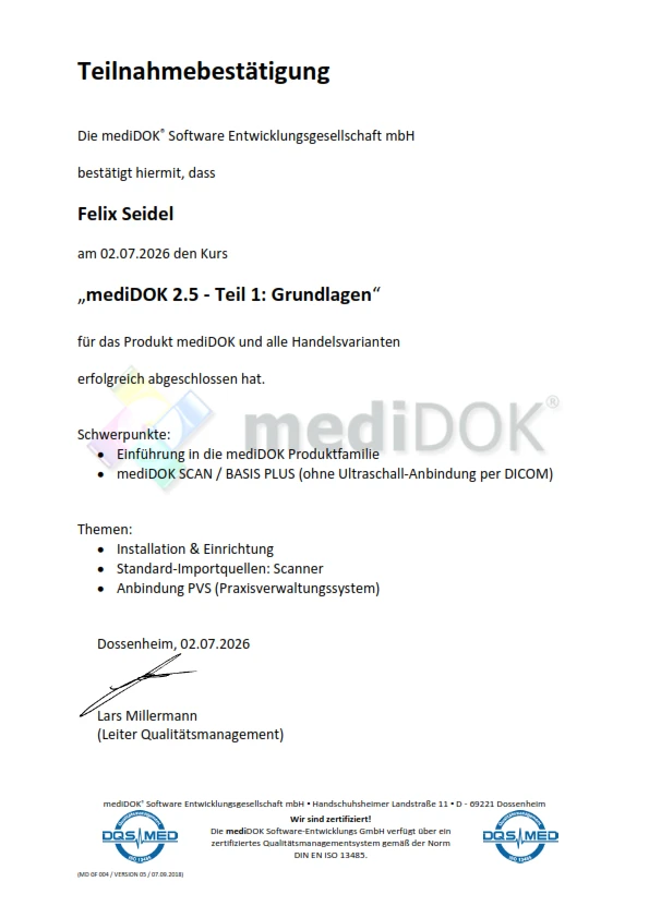 Teilnahmebestätigung: mediDOK 2.5 Grundlagen - Felix Seidel