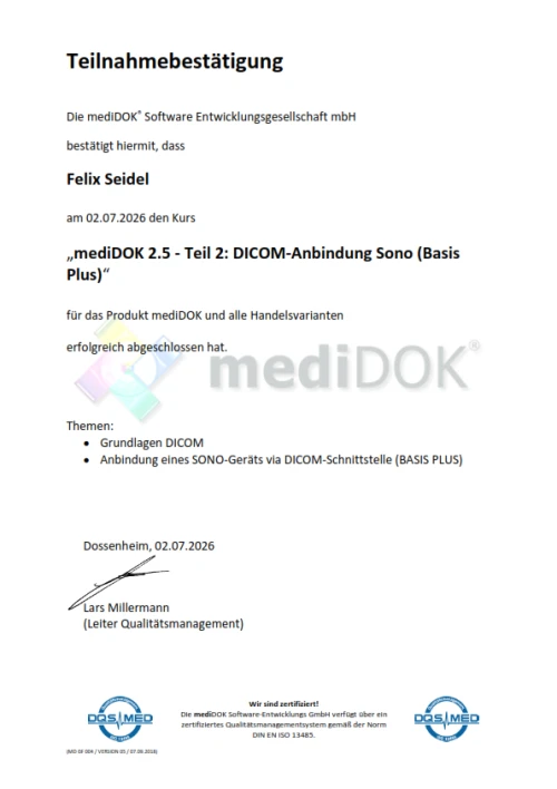Teilnahmebestätigung: mediDOK 2.5 DICOM-Anbindung - Felix Seidel