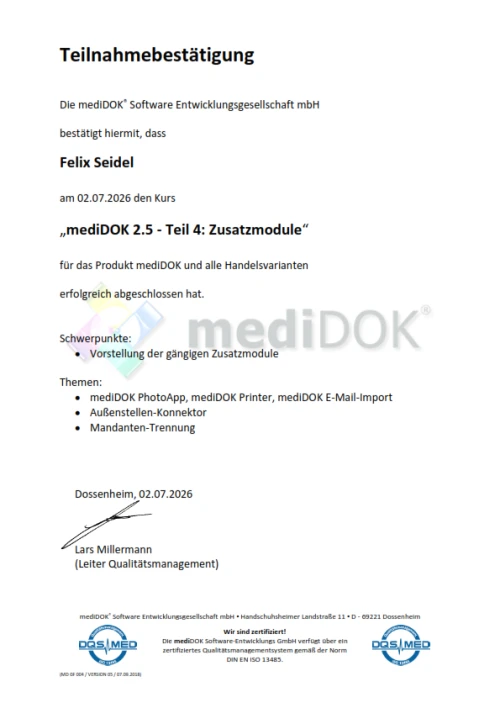 Teilnahmebestätigung: mediDOK 2.5 Zusatzmodule - Felix Seidel