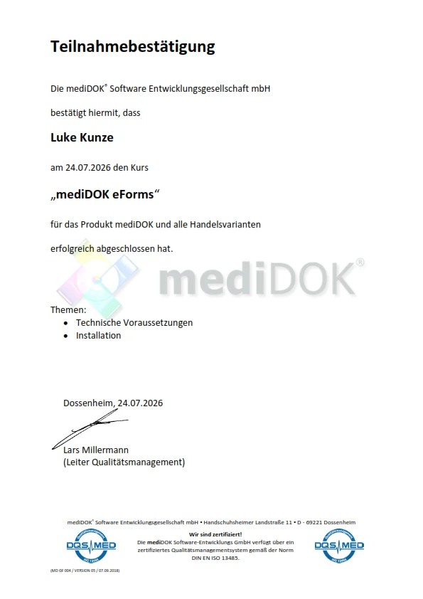Teilnahmebestätigung: mediDOK eForms - Luke Kunze