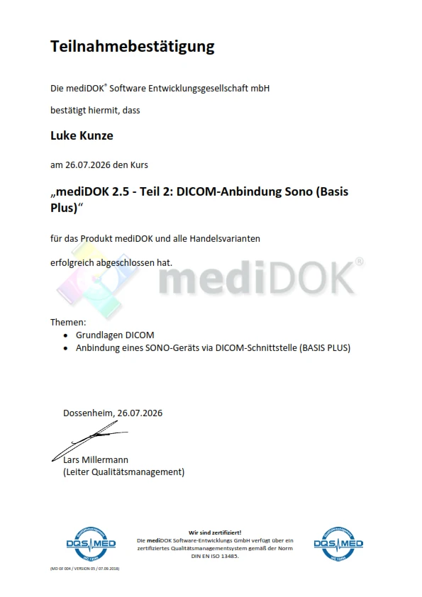 Teilnahmebestätigung: mediDOK 2.5 DICOM-Anbindung - Luke Kunze