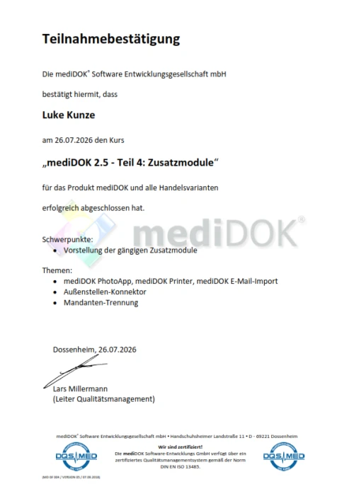 Teilnahmebestätigung: mediDOK 2.5 Zusatzmodule - Luke Kunze