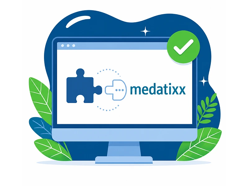Monitor mit Puzzle-Verbindung zur Praxissoftware medatixx und grünem Bestätigungssymbol