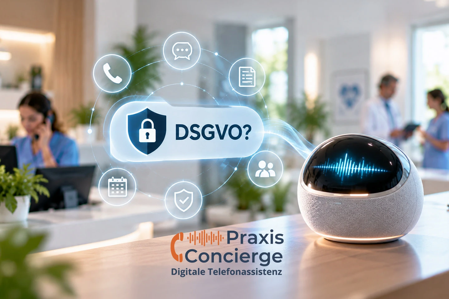 Ein Lautsprecher des KI-Telefonassistenten Praxis Concierge steht auf dem Empfangstresen. Daneben zeigt eine Blase, ob das DSGVO konform ist.